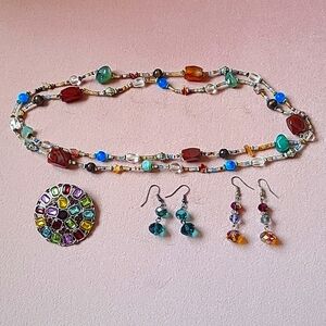 Colorful Jewelry Set - Brooch, 2 Pair Earrings, Necklace